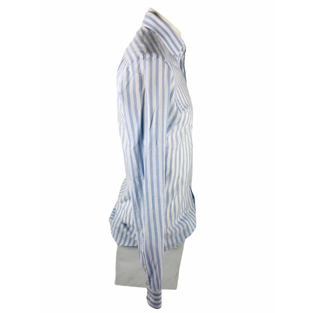 Reiss Mens Small Shirt Striped Blue White Cotton Linen Blend Button Front EUC